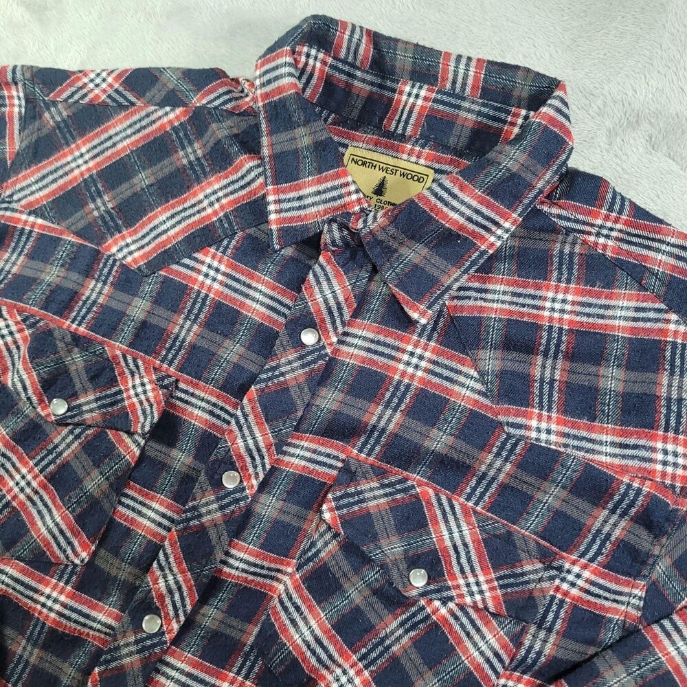 North West Wood Shirt Mens XL Blue Plaid Long Sleeve Western Pearl Snap Flannel